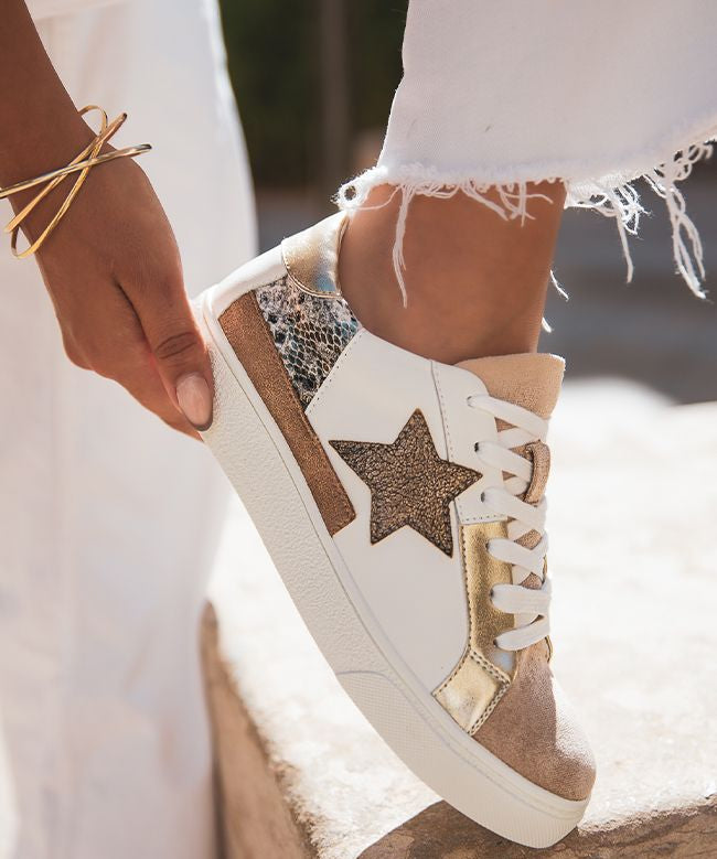 BASKETS FEMME MULTIMATIÈRES DORÉES À ÉTOILE GLITTER - Casualmode.fr