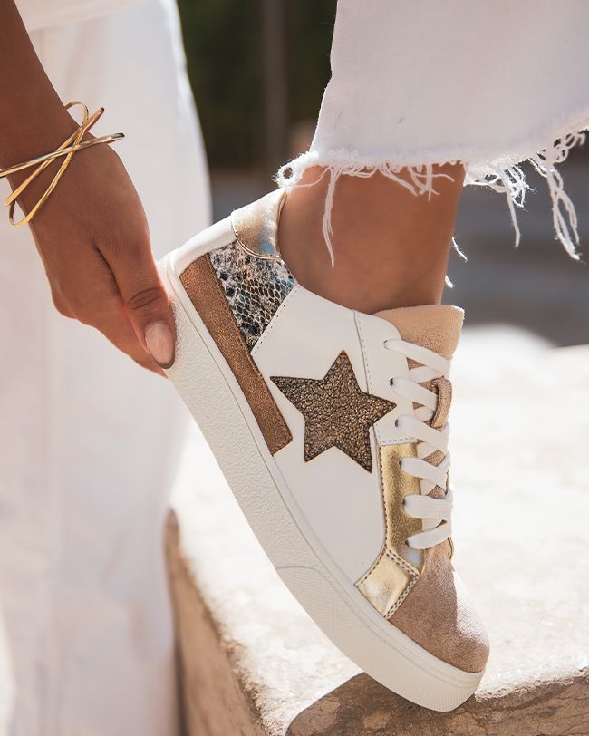 BASKETS FEMME MULTIMATIÈRES DORÉES À ÉTOILE GLITTER - Casualmode.fr