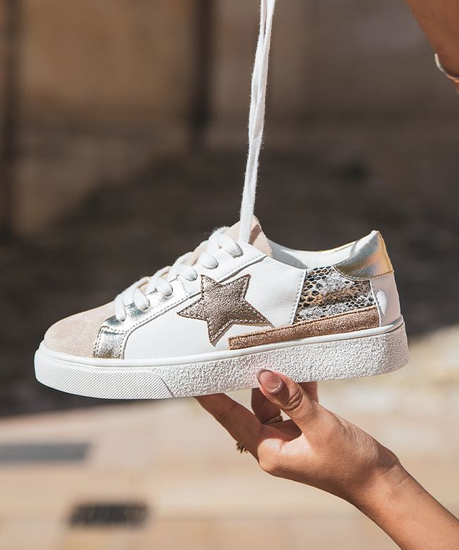 BASKETS FEMME MULTIMATIÈRES DORÉES À ÉTOILE GLITTER - Casualmode.fr