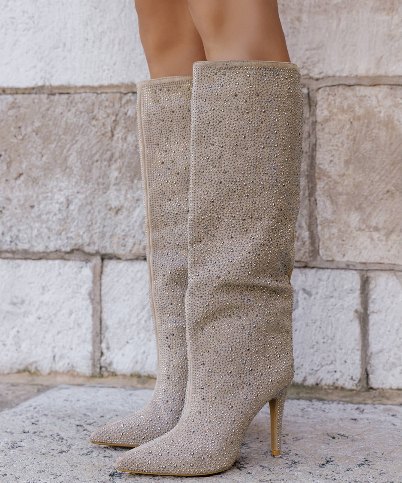 BOTTES BEIGE STRASS – TALON AIGUILLE GLAMOUR - Casualmode.fr