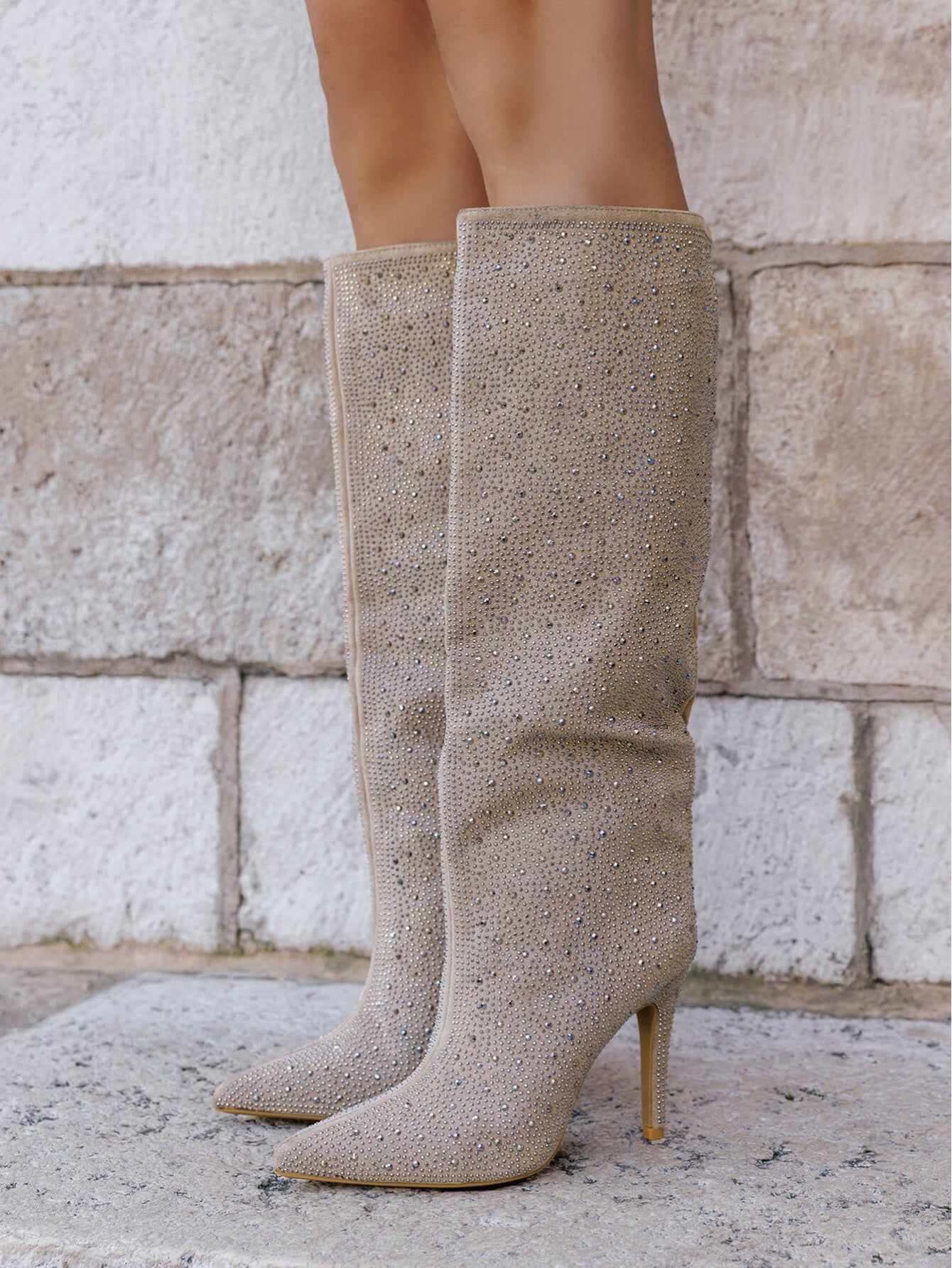 BOTTES BEIGE STRASS – TALON AIGUILLE GLAMOUR - Casualmode.fr