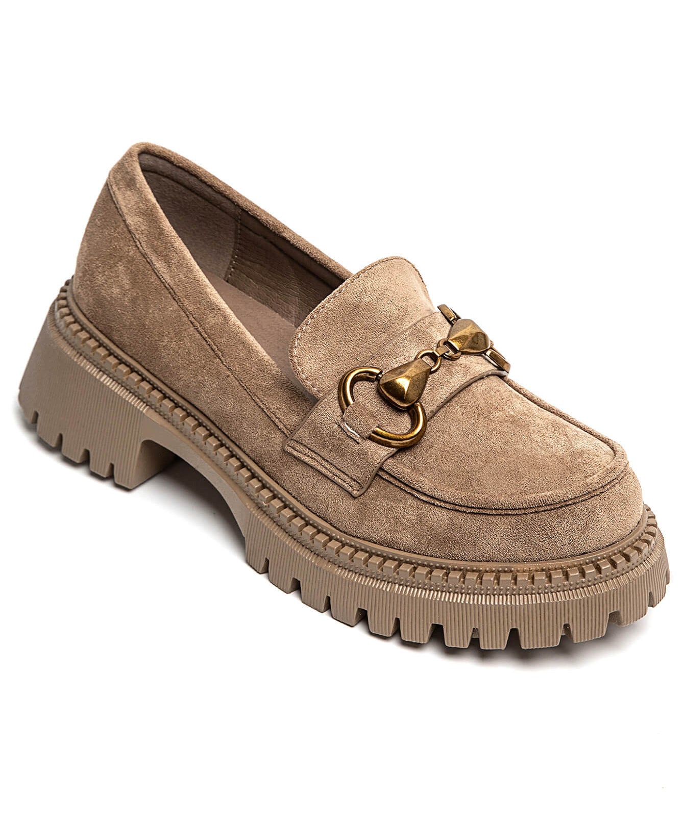 MOCASSINS BEIGE EN SUÉDINE AVEC SEMELLE CRANTÉE ET DÉTAIL MÉTALLIQUE - Casualmode.fr