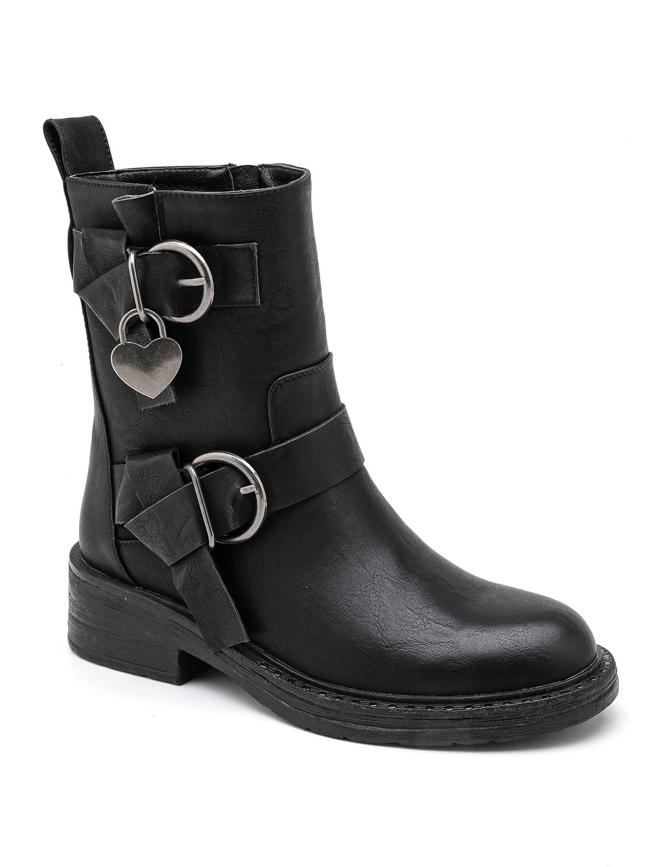 BOTTINES NOIRES BIKER – DÉTAILS CŒUR MÉTALLIQUE - Casualmode.fr