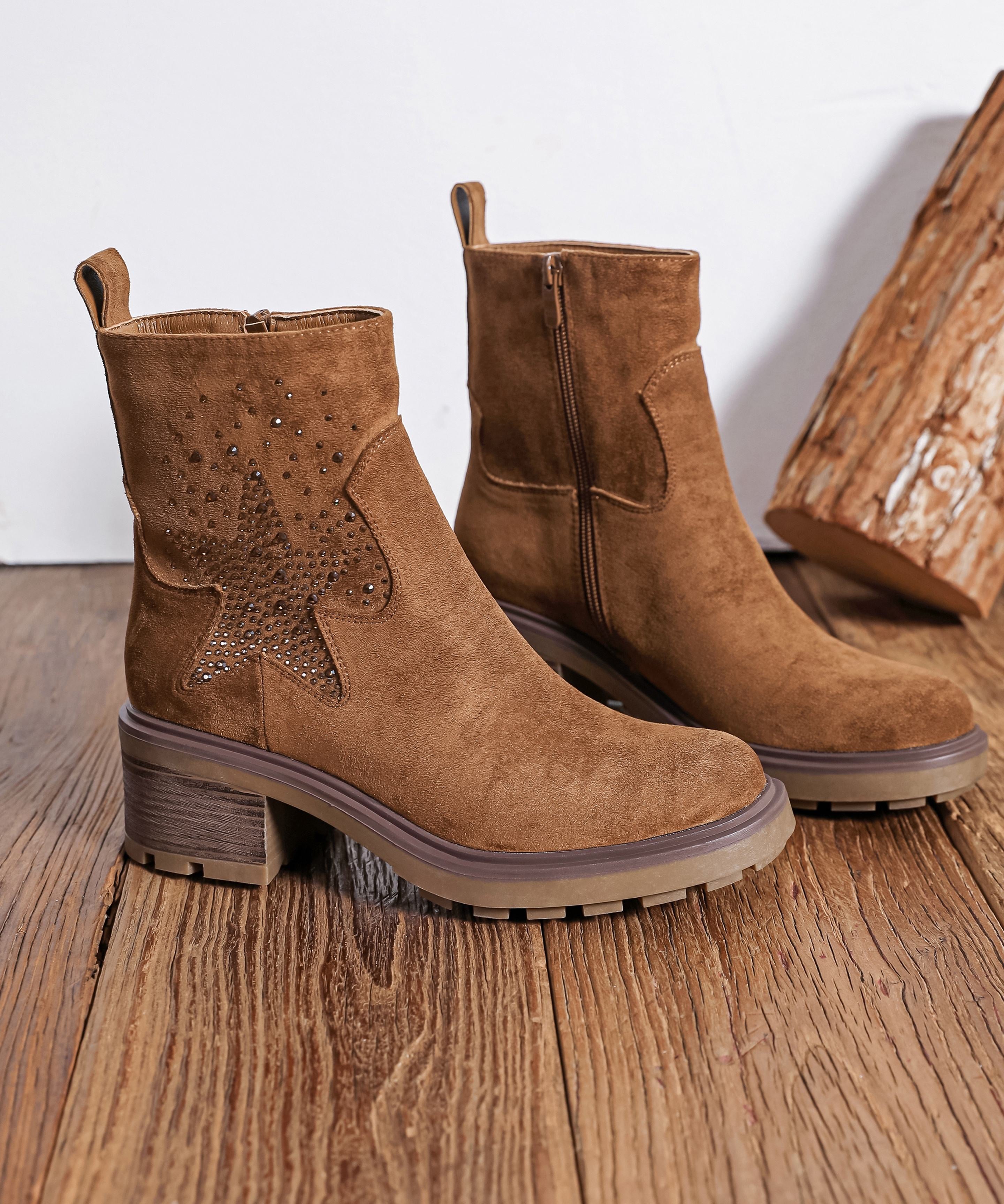 BOTTINES CAMEL ÉTOILE STRASS – TALON 5 CM - Casualmode.fr