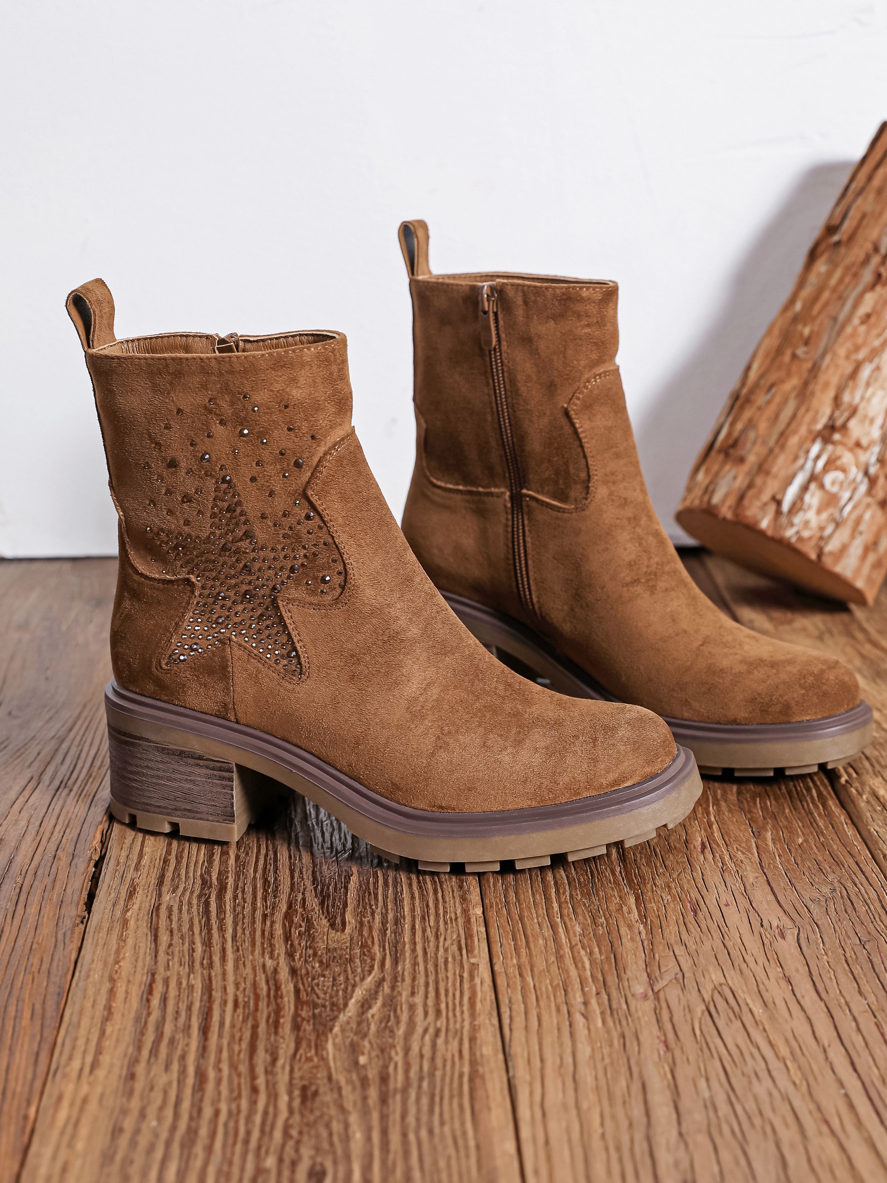 BOTTINES CAMEL ÉTOILE STRASS – TALON 5 CM - Casualmode.fr