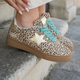 BASKETS LÉOPARD FEMME AVEC ÉTOILE ARGENT ET LACETS TURQUOISE - Casualmode.fr