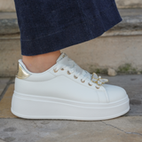 BASKETS FEMME BLANCHES PLATFORM À SEMELLE ÉPAISSE AVEC DÉTAILS DORÉS - Casualmode.fr
