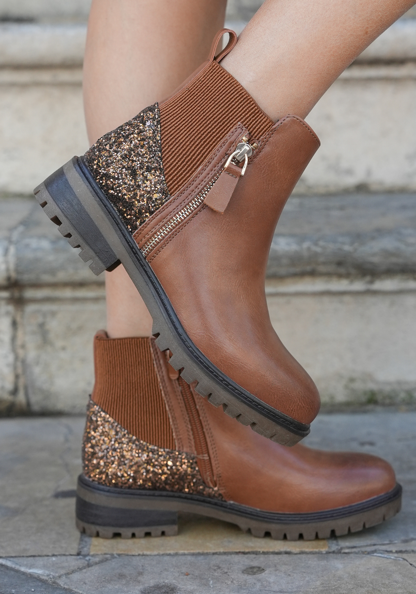 BOTTINES CAMEL CHELSEA À GLITTER BRONZE - Casualmode.fr