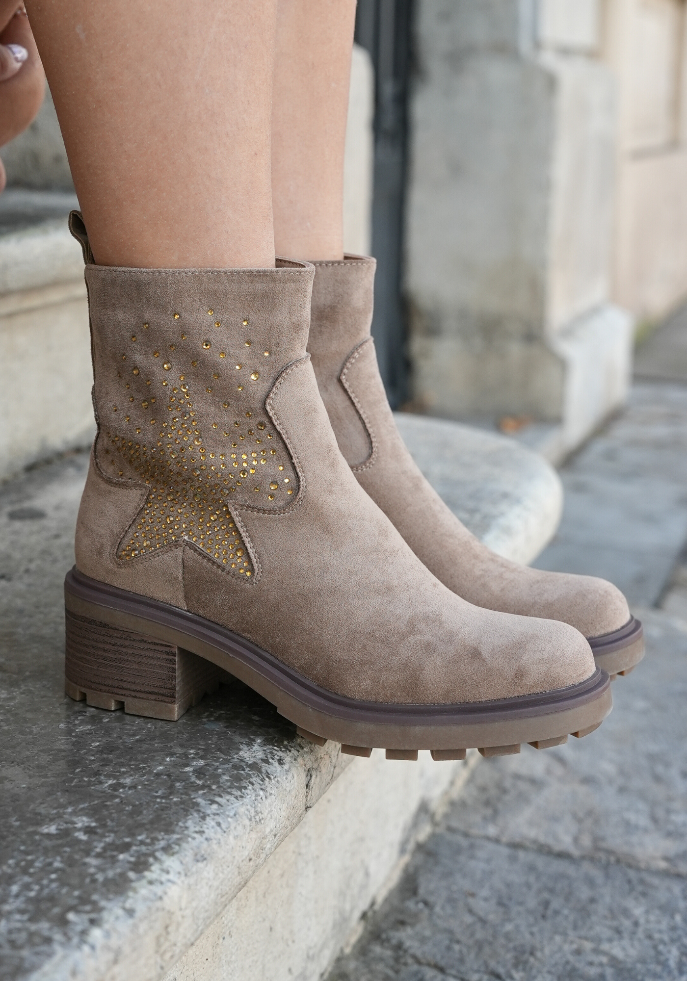 BOTTINES BEIGE ÉTOILE STRASS – TALON 5 CM - Casualmode.fr