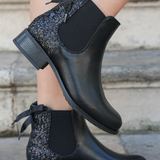 BOTTINES CHELSEA NOIRES FEMME AVEC PAILLETTES ET NŒUD SATIN - Casualmode.fr