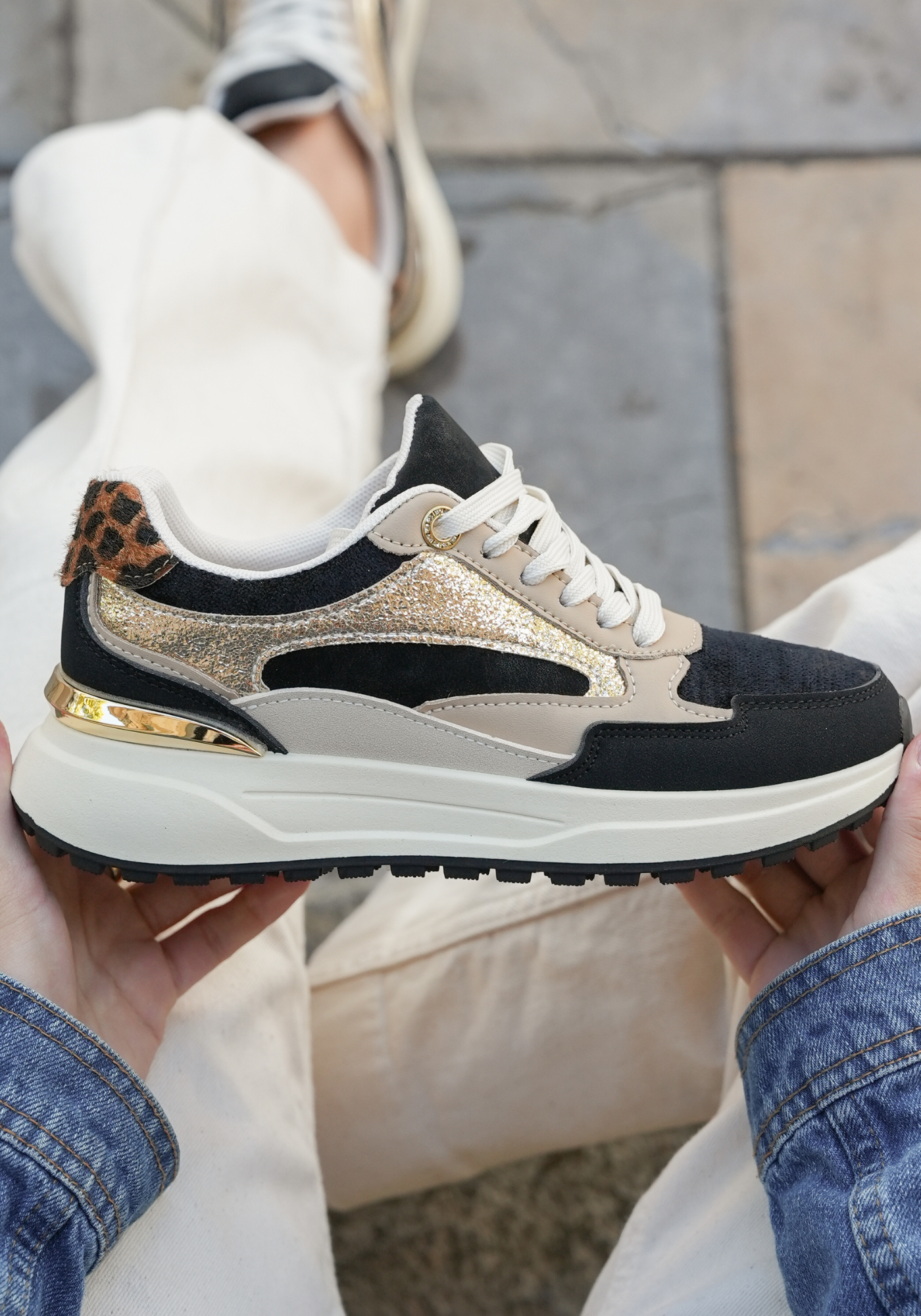 SNEAKERS CHUNKY NOIRES ET DORÉES FEMME AVEC DÉTAIL LÉOPARD - Casualmode.fr