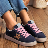BASKET FEMME BLEU MARINE ÉTOILE LÉOPARD À LACETS ROSES - Casualmode.fr