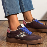 BASKET FEMME MARRON ÉTOILE LÉOPARD À LACETS BLEUS - Casualmode.fr