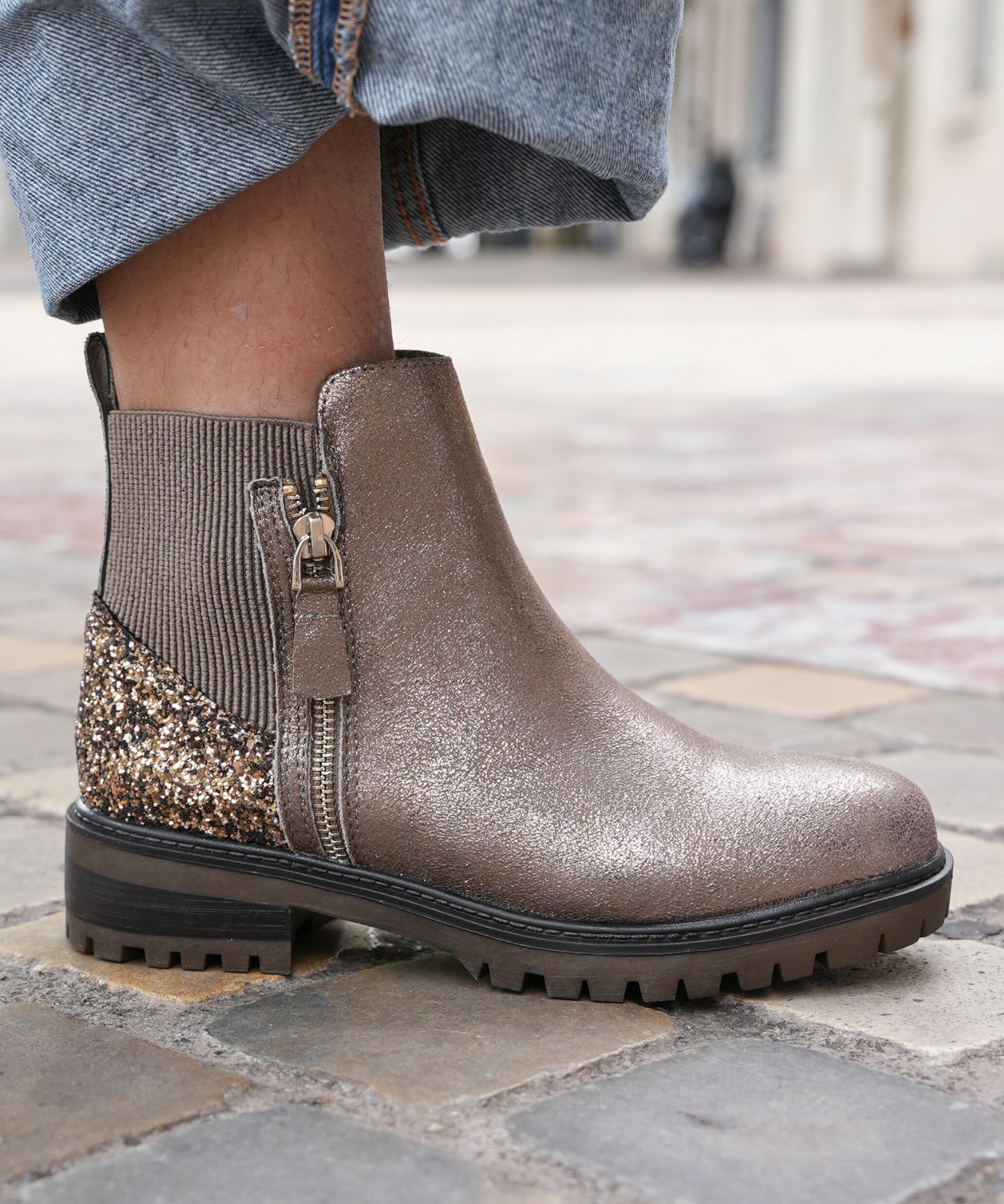 BOTTINES GLITTER CHAMPAGNE – ÉCLAT & CONFORT - Casualmode.fr