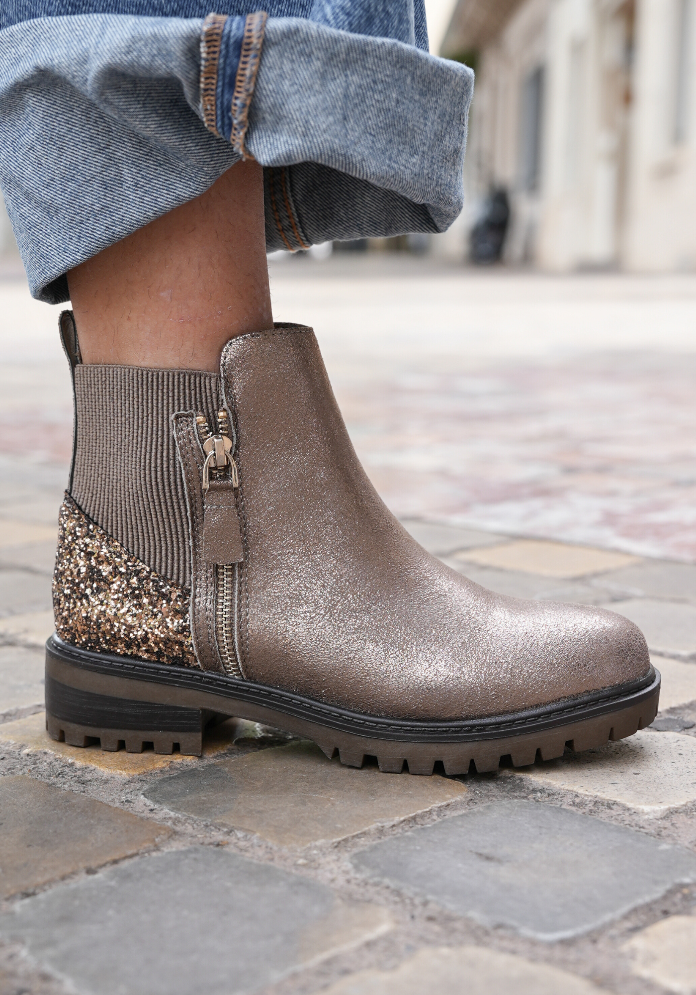 BOTTINES GLITTER CHAMPAGNE – ÉCLAT & CONFORT - Casualmode.fr