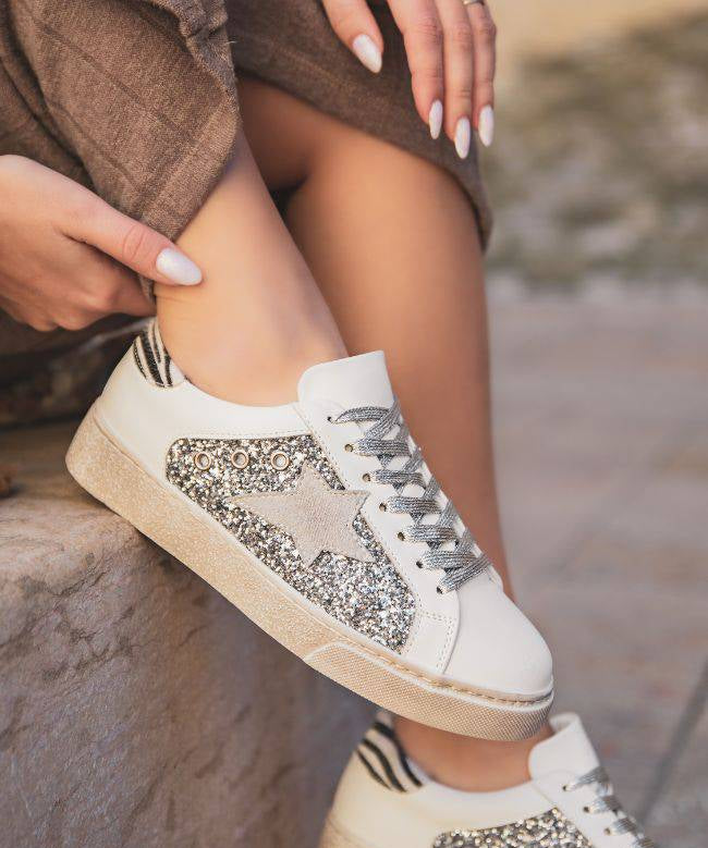 Basket femme blanche étoile argentée - Léandra - Casualmode.fr