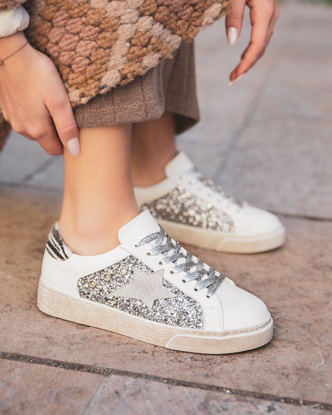 Basket femme blanche étoile argentée - Léandra - Casualmode.fr