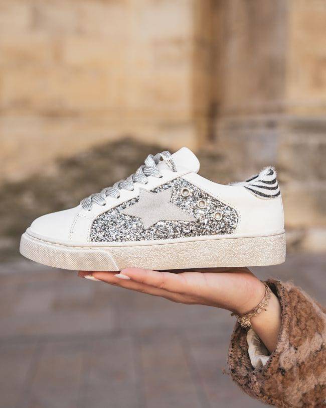 Basket femme blanche étoile argentée - Léandra - Casualmode.fr