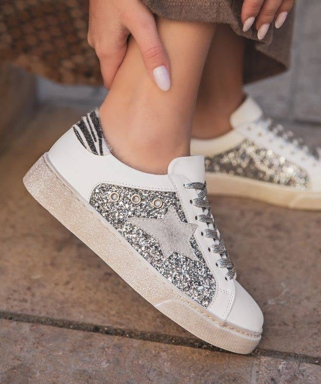 Basket femme blanche étoile argentée - Léandra - Casualmode.fr