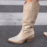 BOTTES HAUTES DORÉ CROCO À TALON BLOC - Casualmode.fr