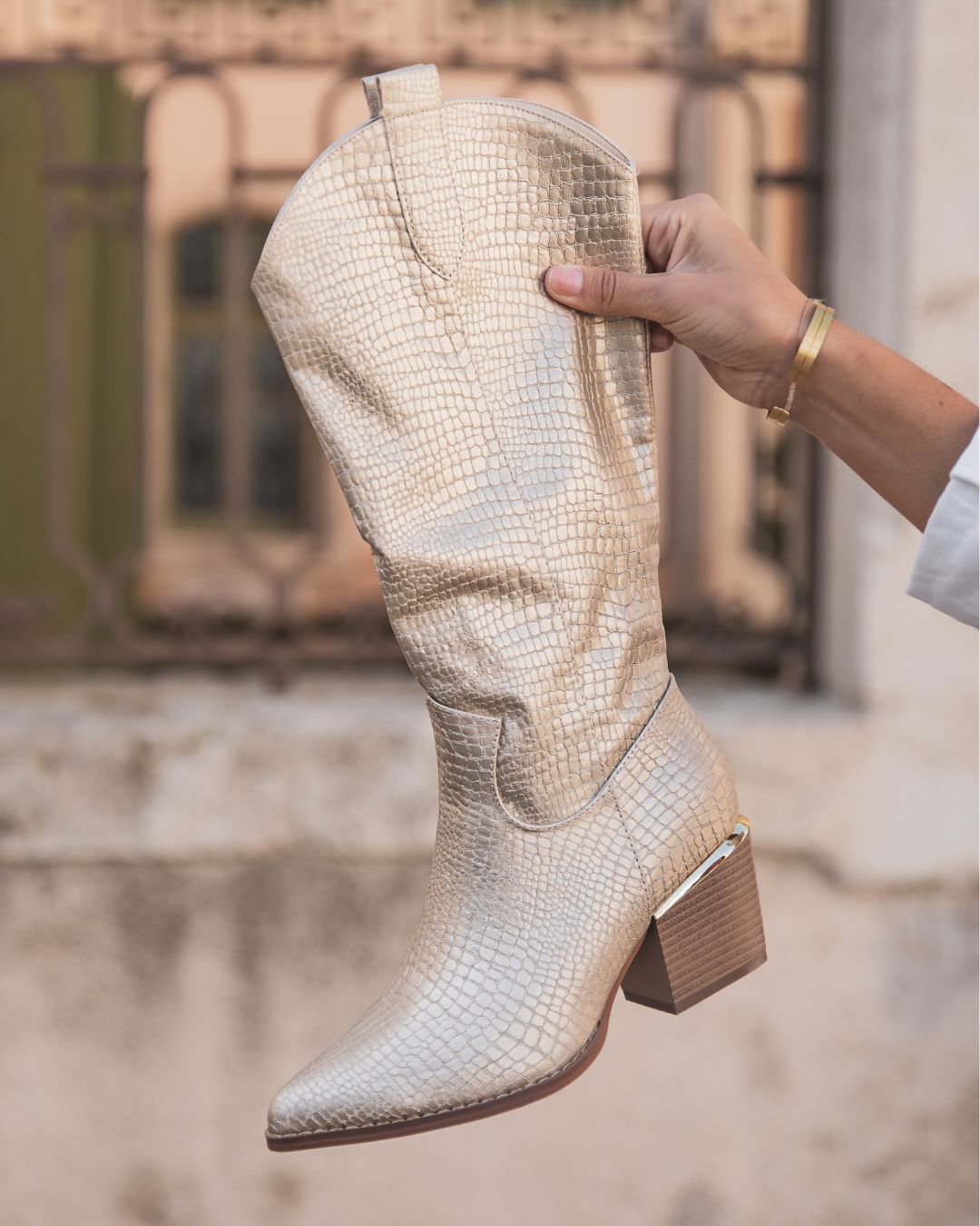 BOTTES HAUTES DORÉ CROCO À TALON BLOC - Casualmode.fr