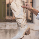 BOTTES HAUTES DORÉ CROCO À TALON BLOC - Casualmode.fr