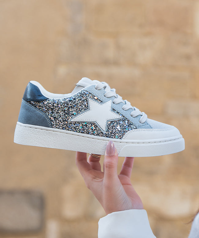 Basket femme bleue jeans paillettes étoile - Claudia - Casualmode.fr