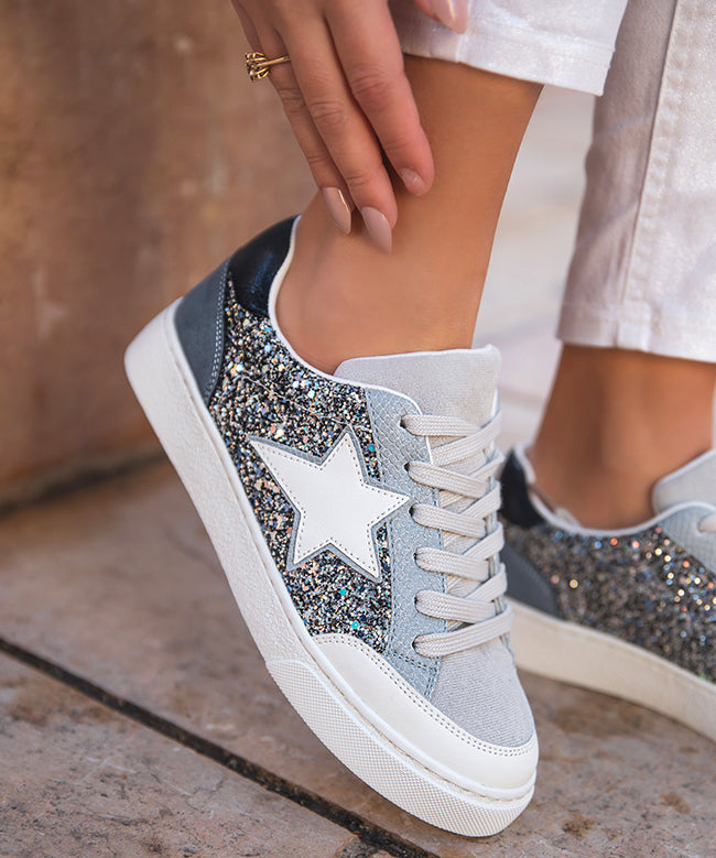 Basket femme bleue jeans paillettes étoile - Claudia - Casualmode.fr