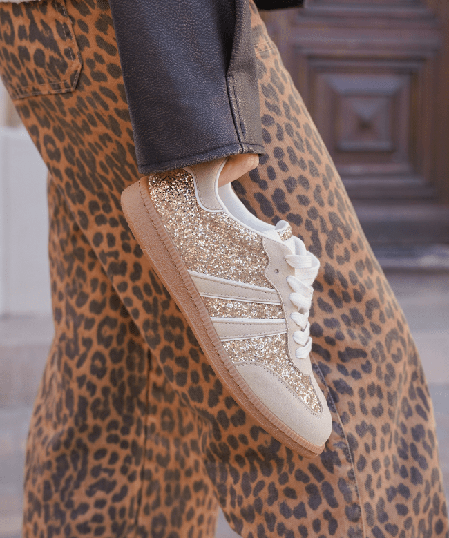 BASKETS FEMME BEIGE A PAILLETTES DORÉS - Casualmode.fr