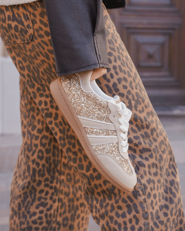 BASKETS FEMME BEIGE A PAILLETTES DORÉS - Casualmode.fr