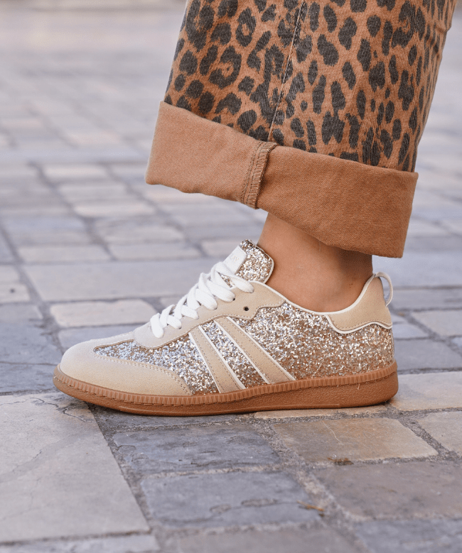 BASKETS FEMME BEIGE A PAILLETTES DORÉS - Casualmode.fr