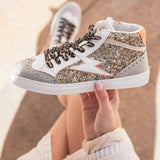 BASKETS MONTANTES FEMME PAILLETÉES OR LACETS LÉOPARD - Casualmode.fr