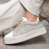 BASKETS CHIC EN TWEED DORÉ ET BLANC - Casualmode.fr